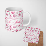 Personalized Custom Name Stylish Pink Baubles Stars Holiday Decoration Seamless Pattern 11oz Ceramic Coffee Tea Mug White Large Handle