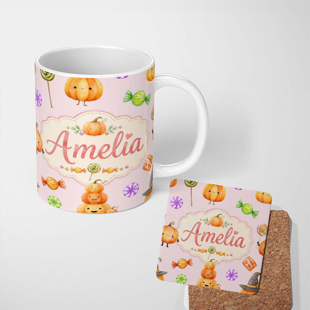 Personalized Custom Name Cute Watercolor Pumpkins and Candy Sweets on Blush Pink Background 11oz Ceramic Coffee Tea Mug White Large Handle