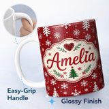 Personalized Custom Name Cute Red Nordic Snowflake Christmas Tree Festive Seamless Pattern 11oz Ceramic Coffee Tea Mug White Large Handle