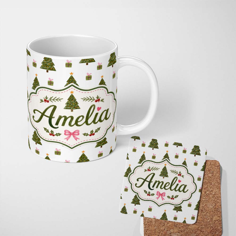 Personalized Custom Name Minimal Christmas Trees with Gifts and Stars Cute Seamless Pattern 11oz Ceramic Coffee Tea Mug White Large Handle