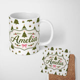 Personalized Custom Name Minimal Christmas Trees with Gifts and Stars Cute Seamless Pattern 11oz Ceramic Coffee Tea Mug White Large Handle