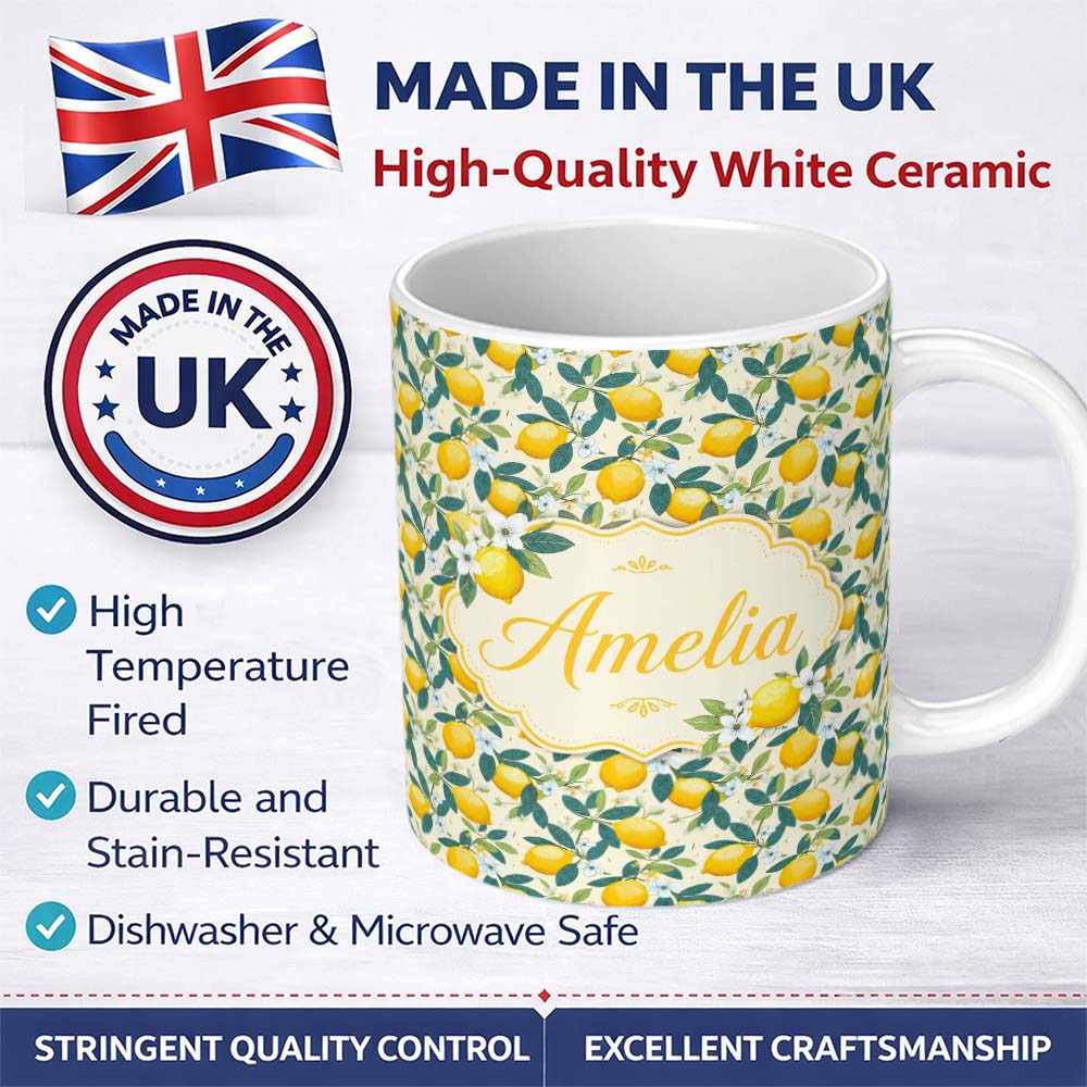 Personalized Custom Name Classic Lemon Branches with White Blossoms Neutral Background Lovely 11oz Ceramic Coffee Tea Mug White Large Handle