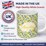 Personalized Custom Name Classic Lemon Branches with White Blossoms Neutral Background Lovely 11oz Ceramic Coffee Tea Mug White Large Handle