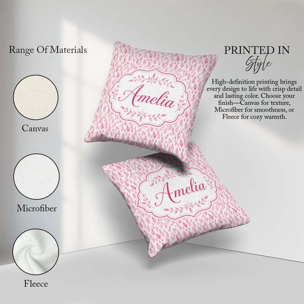 Custom Name Soft Pink Watercolor Leaf Delicate Botanical Design Square Filled Cushion Throw Pillow Sofa Bed Home Decor Zip Washable UK Made