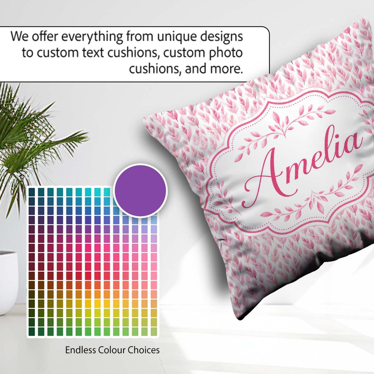 Custom Name Soft Pink Watercolor Leaf Delicate Botanical Design Square Filled Cushion Throw Pillow Sofa Bed Home Decor Zip Washable UK Made