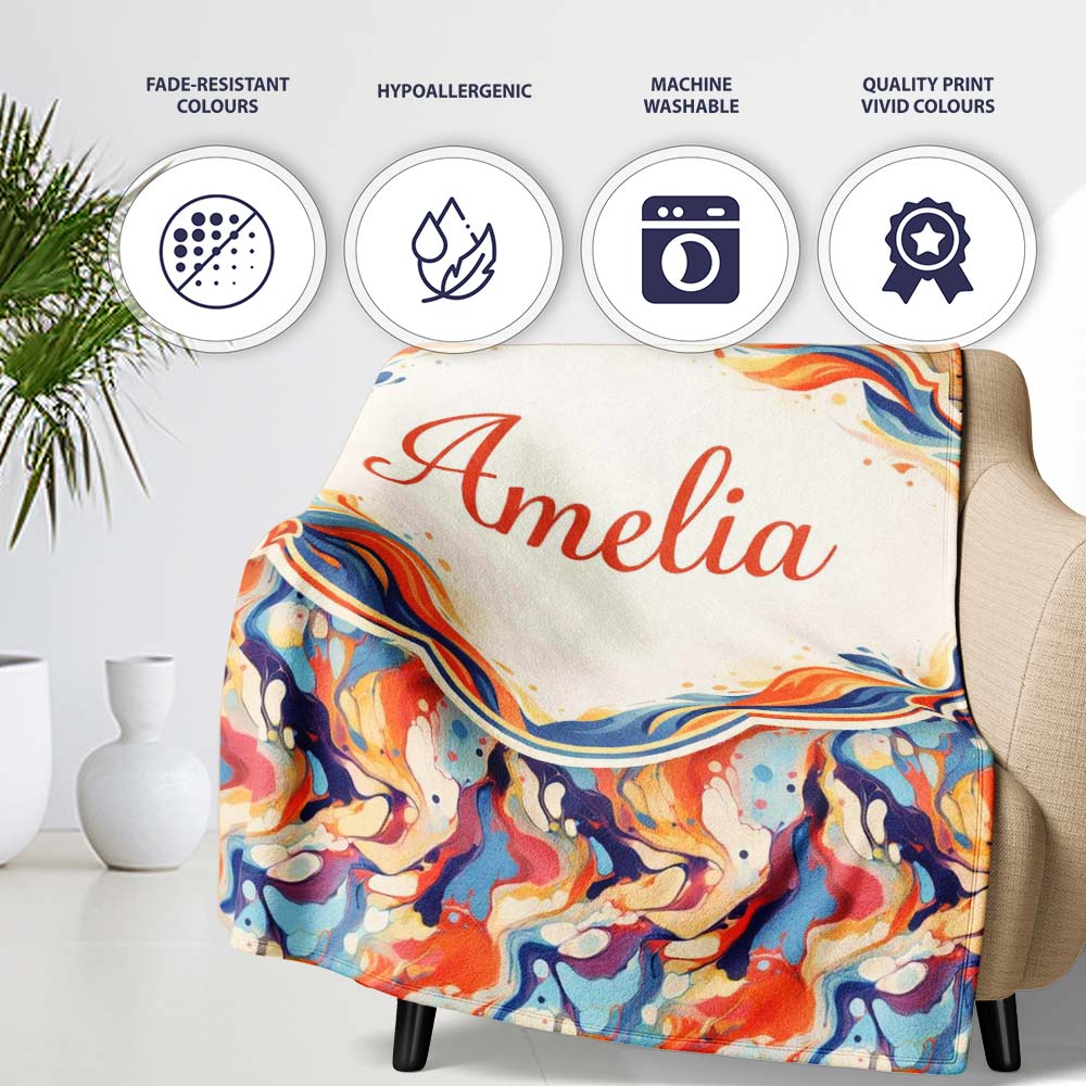 Vibrant Retro Marble Swirl Blue Orange Cream Abstract Pattern Lovely  Personalised Custom Name Super Soft Fleece Blanket Bed Sofa Throw