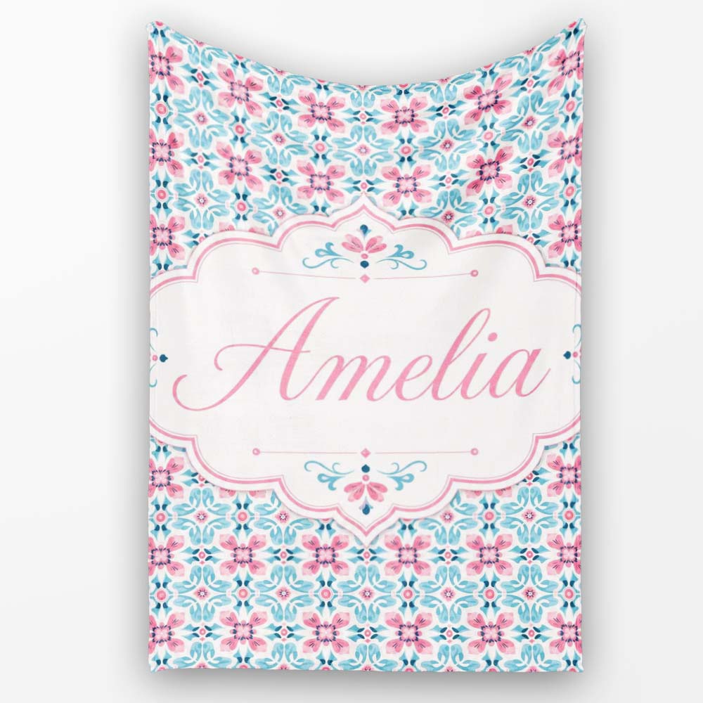 Vintage Floral Tile in Soft Pink and Blue Symmetrical Design Lovely  Personalised Custom Name Super Soft Fleece Blanket Bed Sofa Throw