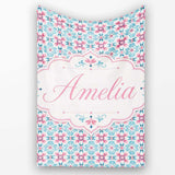 Vintage Floral Tile in Soft Pink and Blue Symmetrical Design Lovely  Personalised Custom Name Super Soft Fleece Blanket Bed Sofa Throw