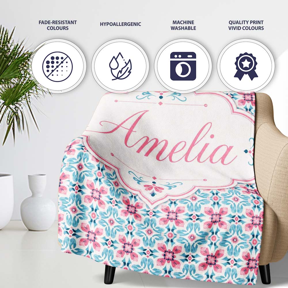 Vintage Floral Tile in Soft Pink and Blue Symmetrical Design Lovely  Personalised Custom Name Super Soft Fleece Blanket Bed Sofa Throw