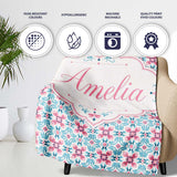 Vintage Floral Tile in Soft Pink and Blue Symmetrical Design Lovely  Personalised Custom Name Super Soft Fleece Blanket Bed Sofa Throw