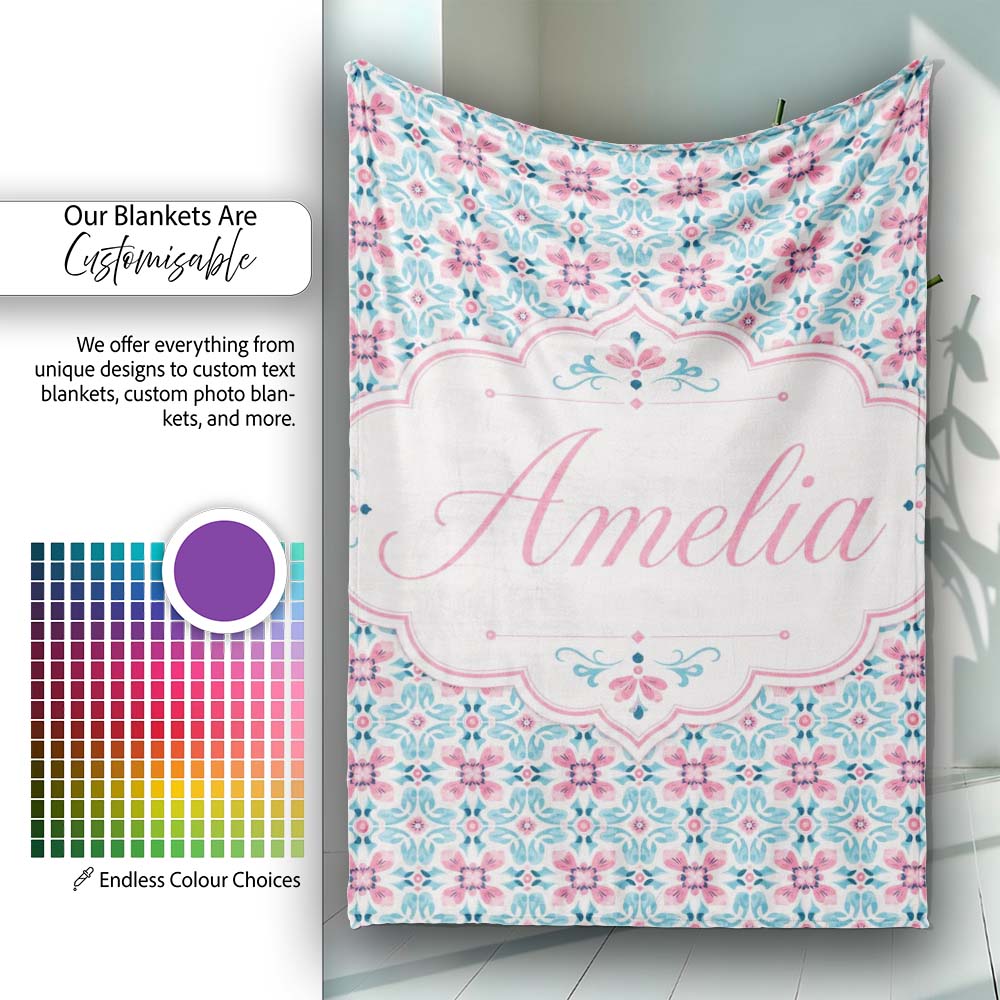 Vintage Floral Tile in Soft Pink and Blue Symmetrical Design Lovely  Personalised Custom Name Super Soft Fleece Blanket Bed Sofa Throw