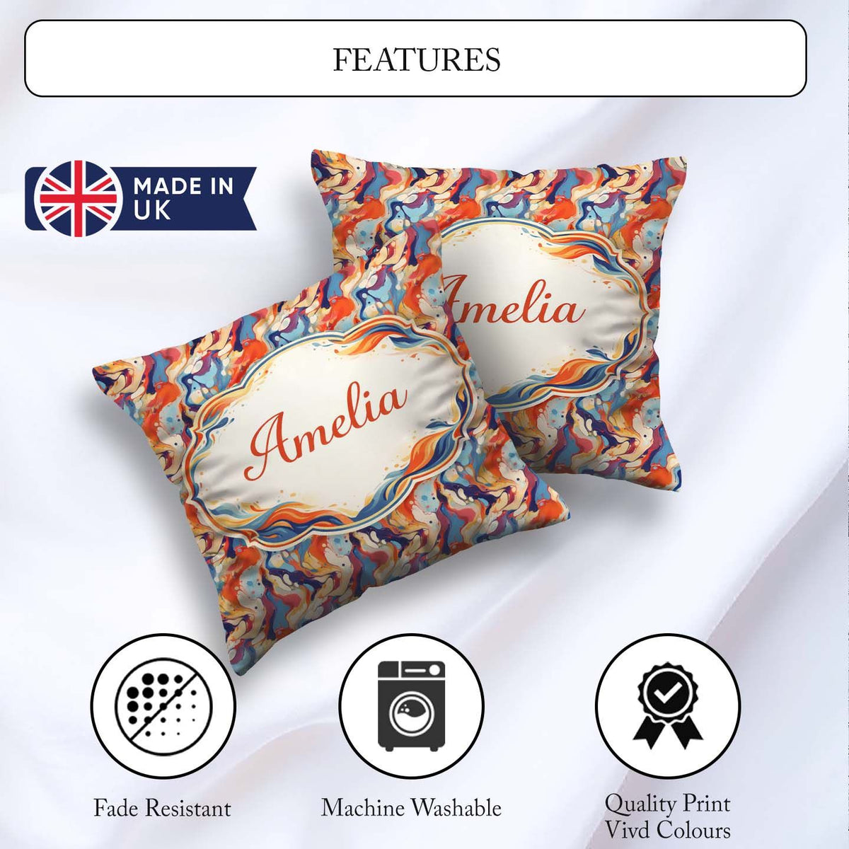 Custom Name Vibrant Retro Marble Swirl Blue Orange Cream Pattern Square Filled Cushion Throw Pillow Sofa Bed Home Decor Zip Washable UK Made