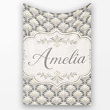 Elegant Neutral Damask Leaf in Soft Grey and Cream Classic Design  Personalised Custom Name Super Soft Fleece Blanket Bed Sofa Throw