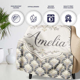Elegant Neutral Damask Leaf in Soft Grey and Cream Classic Design  Personalised Custom Name Super Soft Fleece Blanket Bed Sofa Throw