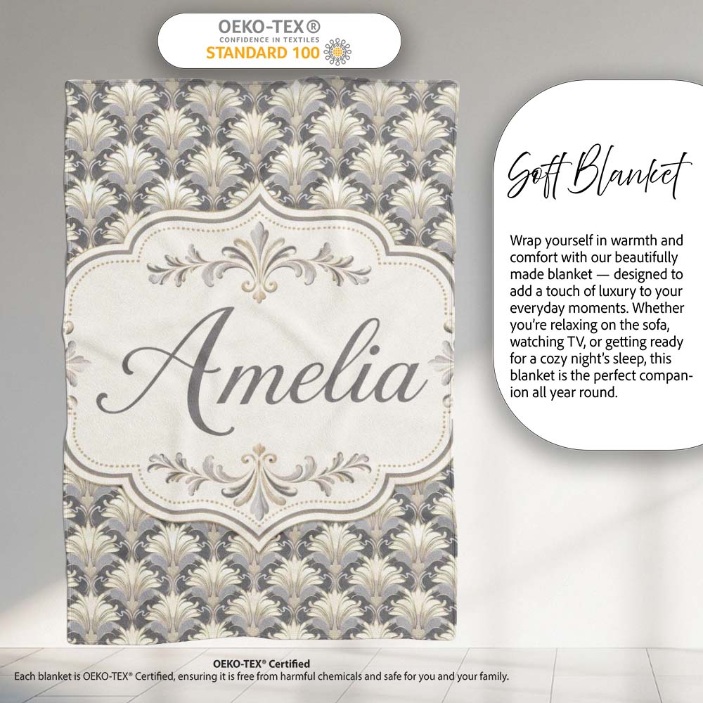 Elegant Neutral Damask Leaf in Soft Grey and Cream Classic Design  Personalised Custom Name Super Soft Fleece Blanket Bed Sofa Throw