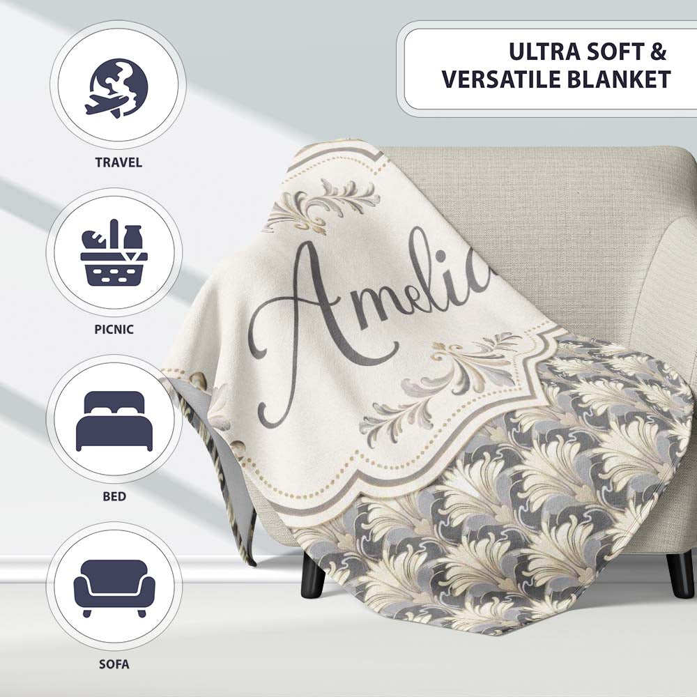 Elegant Neutral Damask Leaf in Soft Grey and Cream Classic Design  Personalised Custom Name Super Soft Fleece Blanket Bed Sofa Throw
