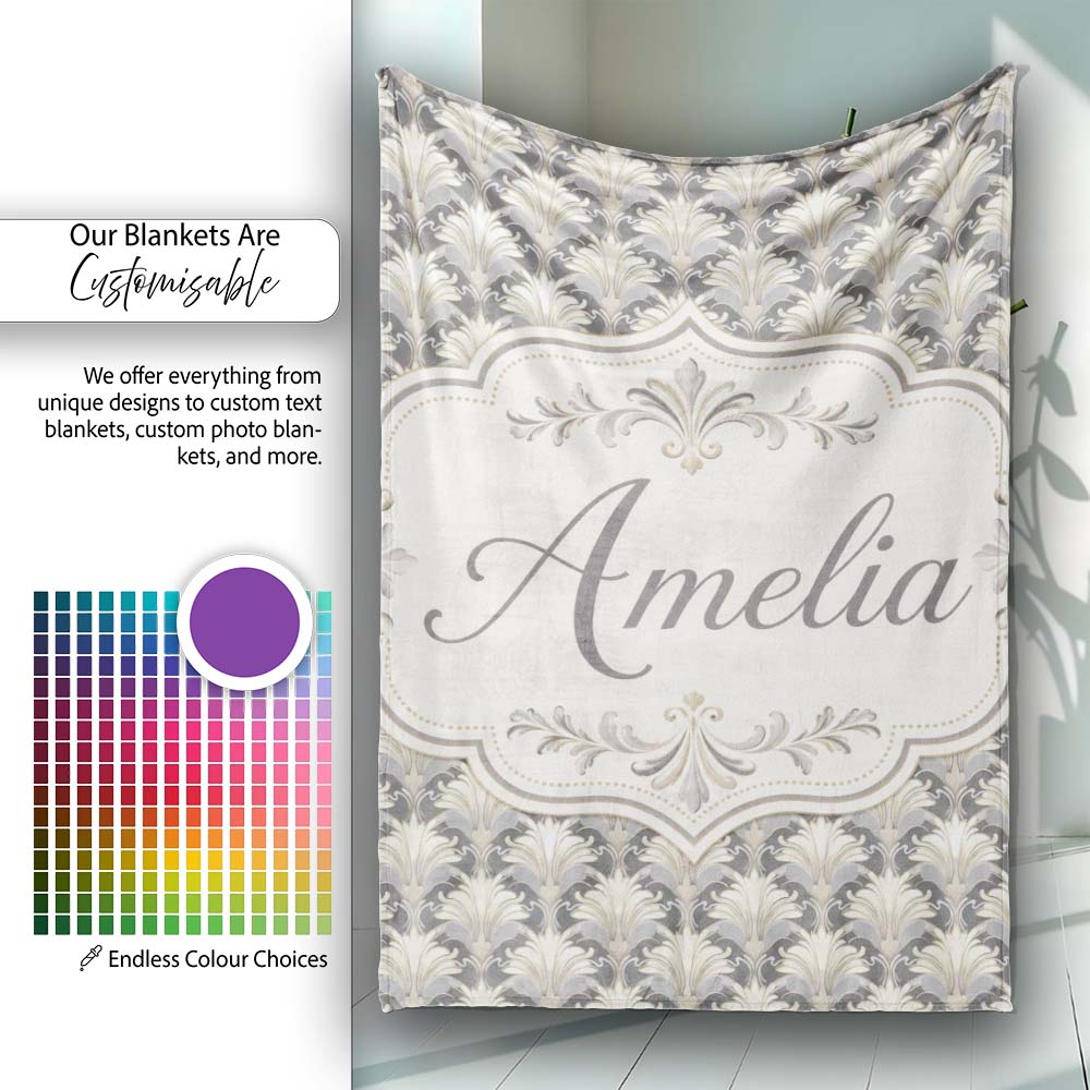 Elegant Neutral Damask Leaf in Soft Grey and Cream Classic Design  Personalised Custom Name Super Soft Fleece Blanket Bed Sofa Throw