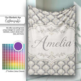 Elegant Neutral Damask Leaf in Soft Grey and Cream Classic Design  Personalised Custom Name Super Soft Fleece Blanket Bed Sofa Throw