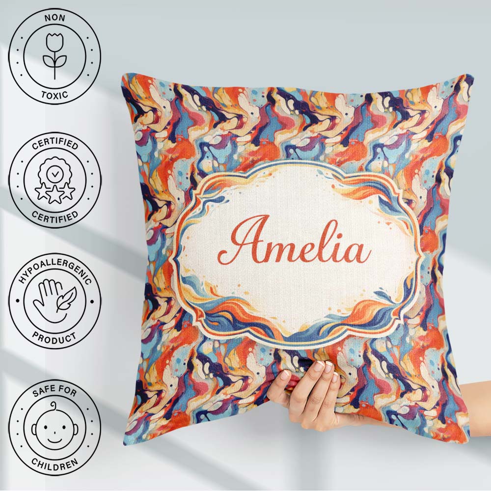 Custom Name Vibrant Retro Marble Swirl Blue Orange Cream Pattern Square Filled Cushion Throw Pillow Sofa Bed Home Decor Zip Washable UK Made