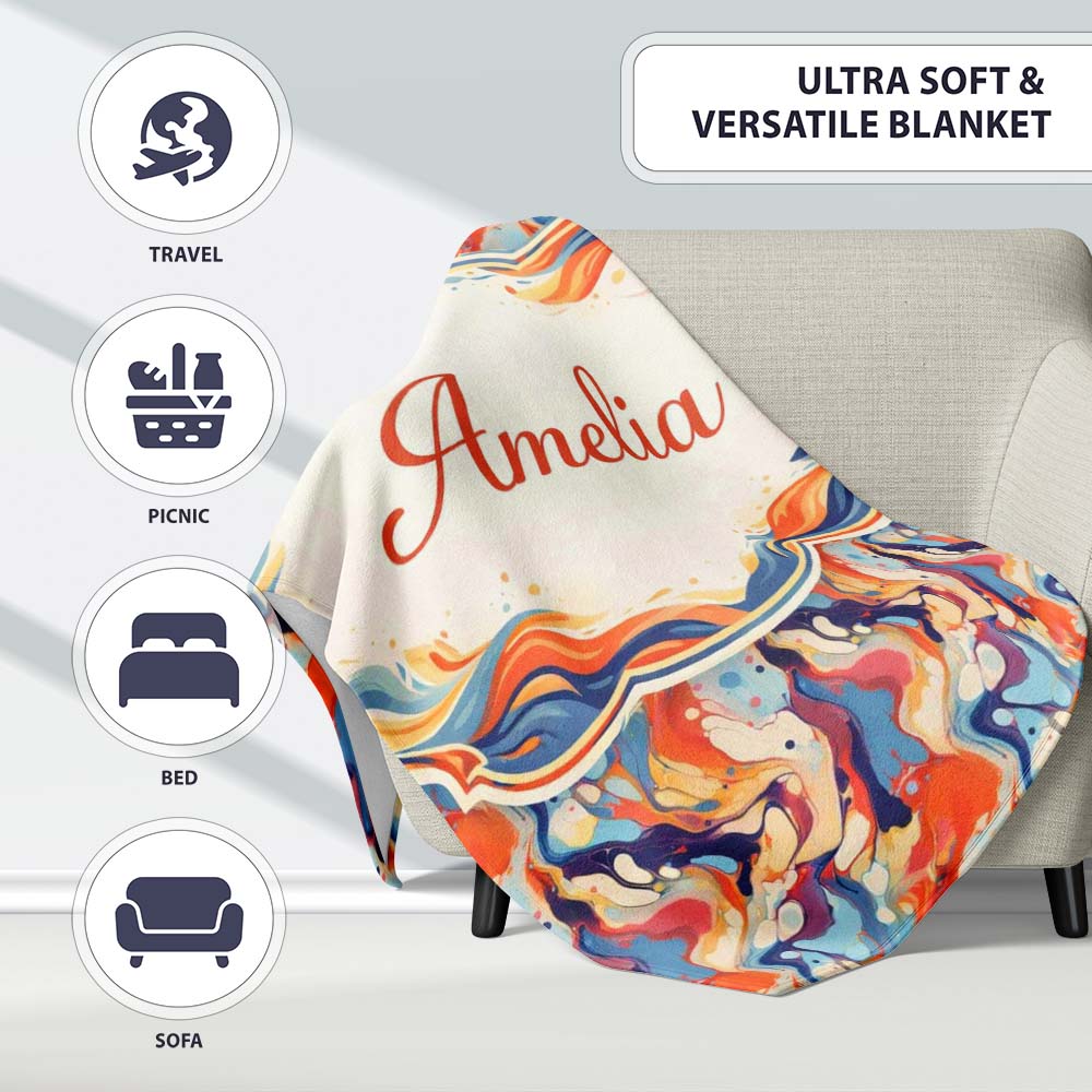 Vibrant Retro Marble Swirl Blue Orange Cream Abstract Pattern Lovely  Personalised Custom Name Super Soft Fleece Blanket Bed Sofa Throw