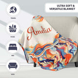 Vibrant Retro Marble Swirl Blue Orange Cream Abstract Pattern Lovely  Personalised Custom Name Super Soft Fleece Blanket Bed Sofa Throw