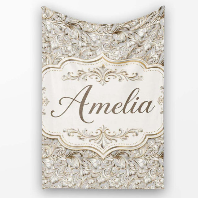Elegant Beige Baroque Floral Scroll with Ornate Vintage Texture  Personalised Custom Name Super Soft Fleece Blanket Bed Sofa Throw