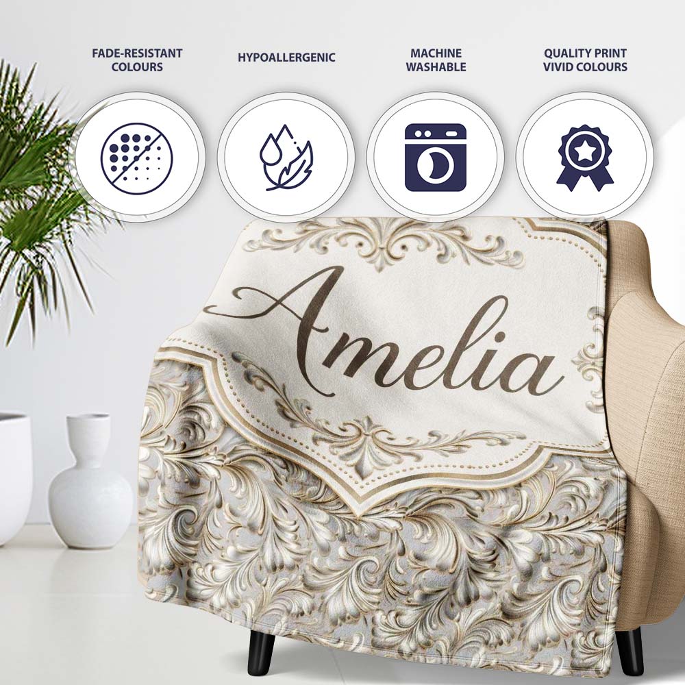 Elegant Beige Baroque Floral Scroll with Ornate Vintage Texture  Personalised Custom Name Super Soft Fleece Blanket Bed Sofa Throw