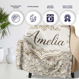 Elegant Beige Baroque Floral Scroll with Ornate Vintage Texture  Personalised Custom Name Super Soft Fleece Blanket Bed Sofa Throw
