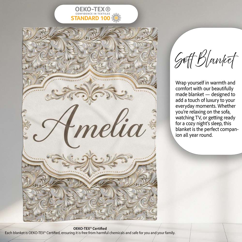 Elegant Beige Baroque Floral Scroll with Ornate Vintage Texture  Personalised Custom Name Super Soft Fleece Blanket Bed Sofa Throw