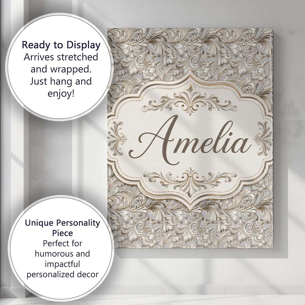 Personalised Name Elegant Beige Baroque Custom  Unique Gift Idea Modern Room Accent Canvas Wall Art Print Decor Picture Ready to Hang