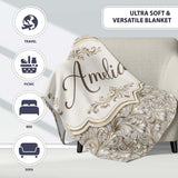 Elegant Beige Baroque Floral Scroll with Ornate Vintage Texture  Personalised Custom Name Super Soft Fleece Blanket Bed Sofa Throw