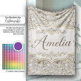 Elegant Beige Baroque Floral Scroll with Ornate Vintage Texture  Personalised Custom Name Super Soft Fleece Blanket Bed Sofa Throw