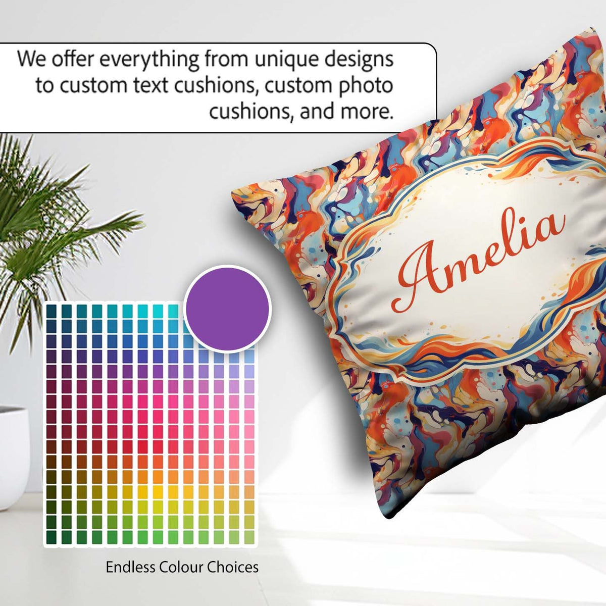 Custom Name Vibrant Retro Marble Swirl Blue Orange Cream Pattern Square Filled Cushion Throw Pillow Sofa Bed Home Decor Zip Washable UK Made