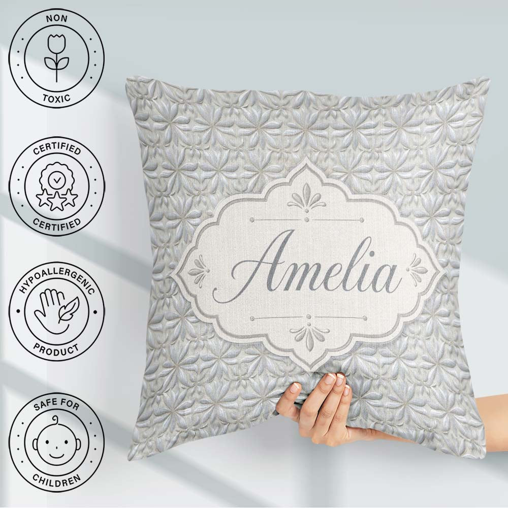 Custom Name Soft Neutral Floral Tile in Cream and Embossed Style Square Filled Cushion Throw Pillow Sofa Bed Home Decor Zip Washable UK Made