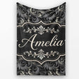 Luxury Dark Baroque Floral in Black and Silver Ornate Swirl Design  Personalised Custom Name Super Soft Fleece Blanket Bed Sofa Throw
