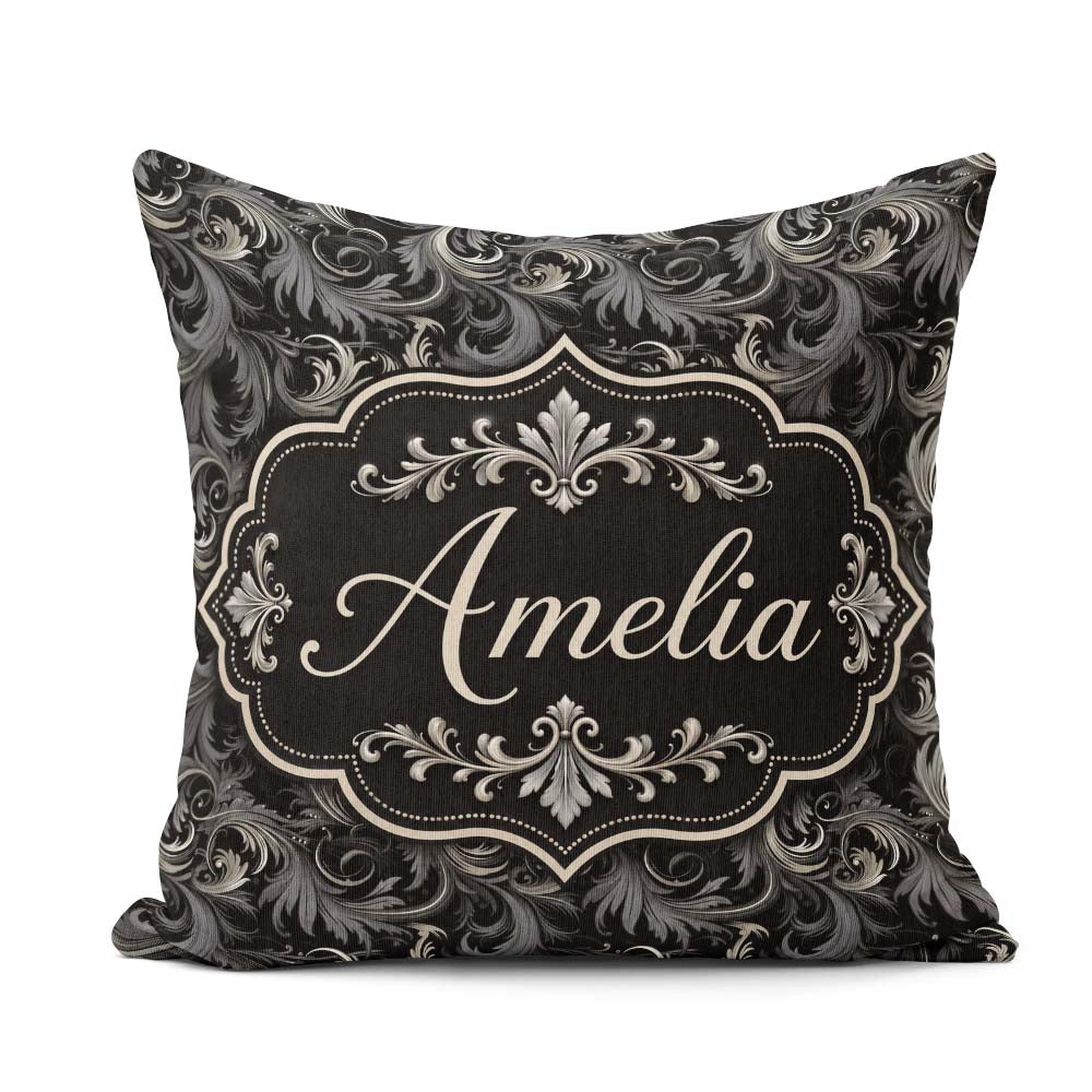 Custom Name Luxury Dark Baroque Floral in Black and Silver Swirl Square Filled Cushion Throw Pillow Sofa Bed Home Decor Zip Washable UK Made