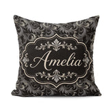 Custom Name Luxury Dark Baroque Floral in Black and Silver Swirl Square Filled Cushion Throw Pillow Sofa Bed Home Decor Zip Washable UK Made