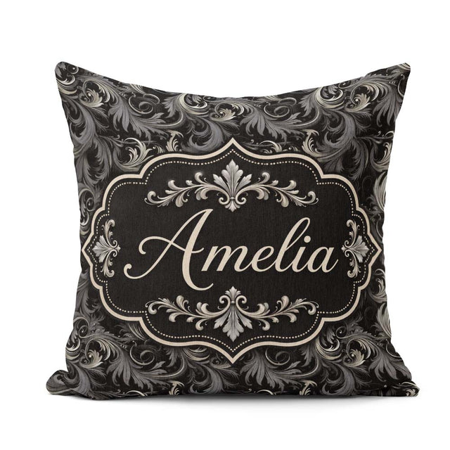 Custom Name Luxury Dark Baroque Floral in Black and Silver Swirl Square Filled Cushion Throw Pillow Sofa Bed Home Decor Zip Washable UK Made