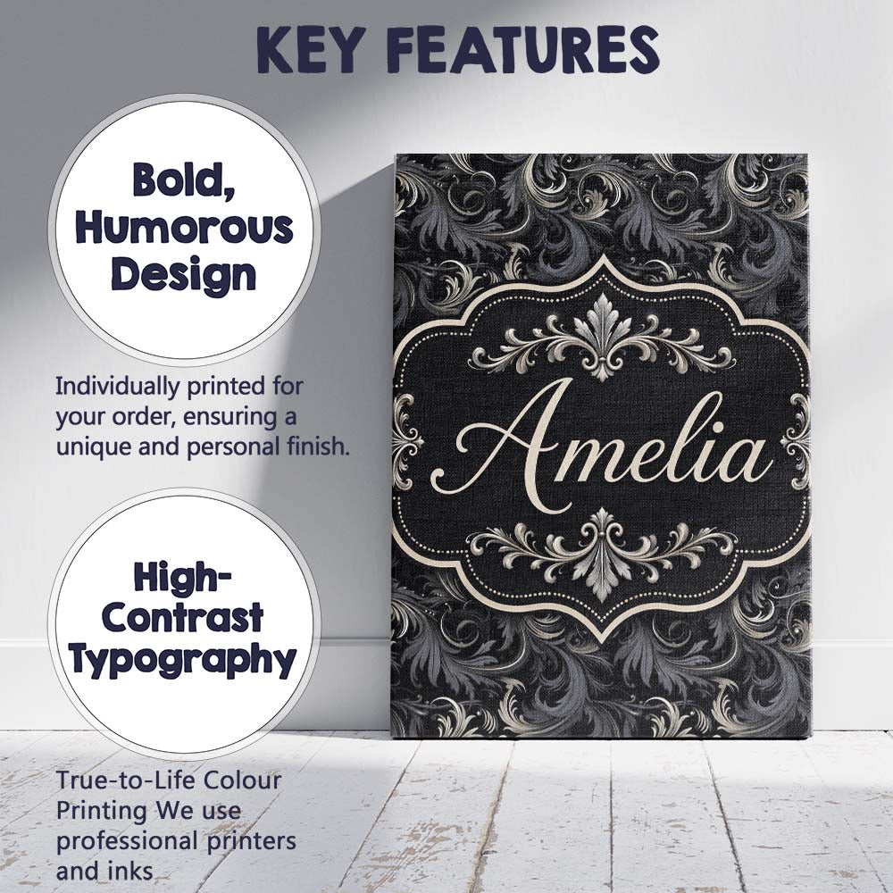 Personalised Name Luxury Dark Baroque Custom Modern Room Accent Creative Decorator Style Canvas Wall Art Print Decor Picture Ready to Hang