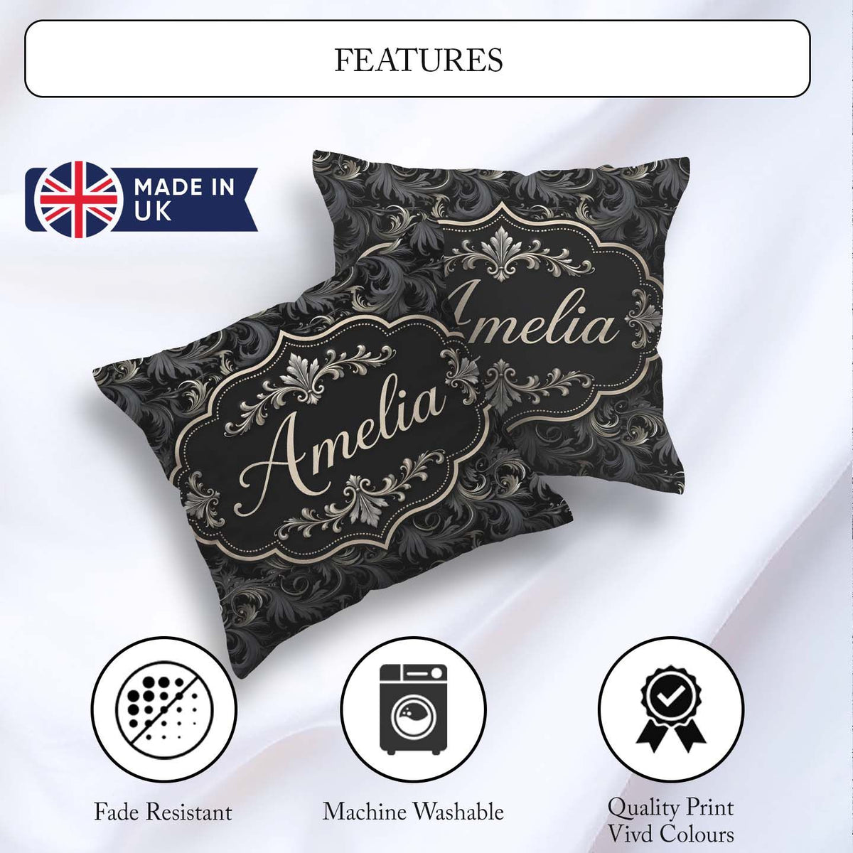 Custom Name Luxury Dark Baroque Floral in Black and Silver Swirl Square Filled Cushion Throw Pillow Sofa Bed Home Decor Zip Washable UK Made