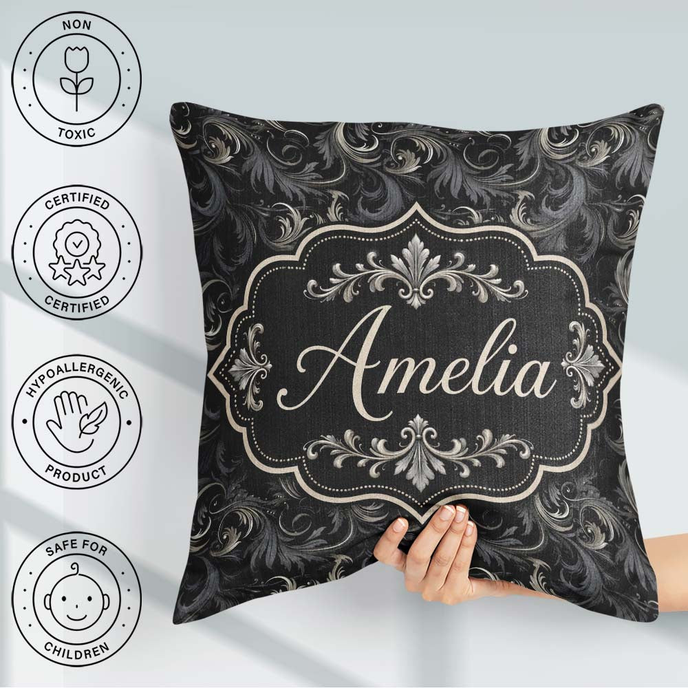 Custom Name Luxury Dark Baroque Floral in Black and Silver Swirl Square Filled Cushion Throw Pillow Sofa Bed Home Decor Zip Washable UK Made