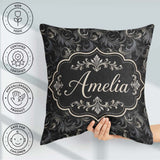 Custom Name Luxury Dark Baroque Floral in Black and Silver Swirl Square Filled Cushion Throw Pillow Sofa Bed Home Decor Zip Washable UK Made