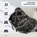 Luxury Dark Baroque Floral in Black and Silver Ornate Swirl Design  Personalised Custom Name Super Soft Fleece Blanket Bed Sofa Throw