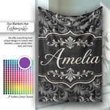 Luxury Dark Baroque Floral in Black and Silver Ornate Swirl Design  Personalised Custom Name Super Soft Fleece Blanket Bed Sofa Throw