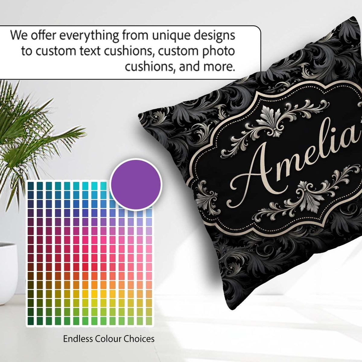 Custom Name Luxury Dark Baroque Floral in Black and Silver Swirl Square Filled Cushion Throw Pillow Sofa Bed Home Decor Zip Washable UK Made