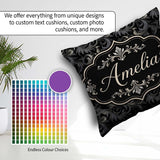 Custom Name Luxury Dark Baroque Floral in Black and Silver Swirl Square Filled Cushion Throw Pillow Sofa Bed Home Decor Zip Washable UK Made