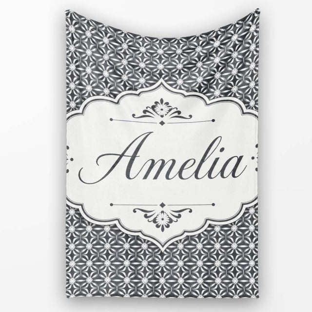 Modern Grey Geometric Flower Lattice Pattern Symmetrical Seamless  Personalised Custom Name Super Soft Fleece Blanket Bed Sofa Throw