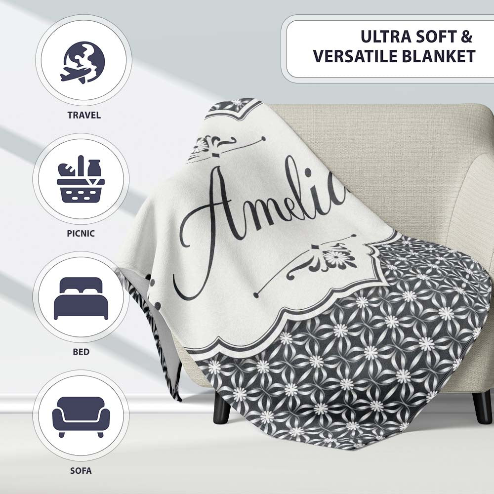 Modern Grey Geometric Flower Lattice Pattern Symmetrical Seamless  Personalised Custom Name Super Soft Fleece Blanket Bed Sofa Throw