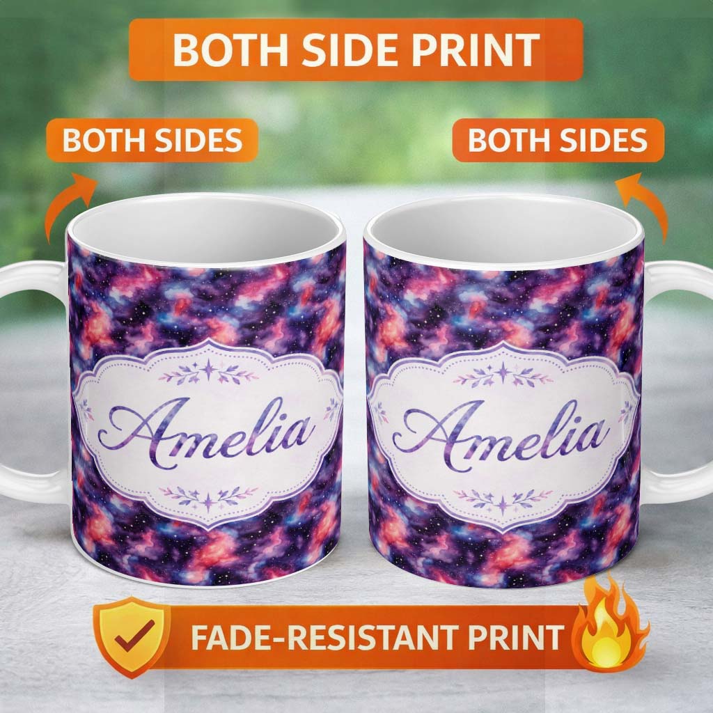 Personalized Custom Name Watercolor Nebula Galaxy Pink Purple Space Seamless Pattern Artistic 11oz Ceramic Coffee Tea Mug White Large Handle
