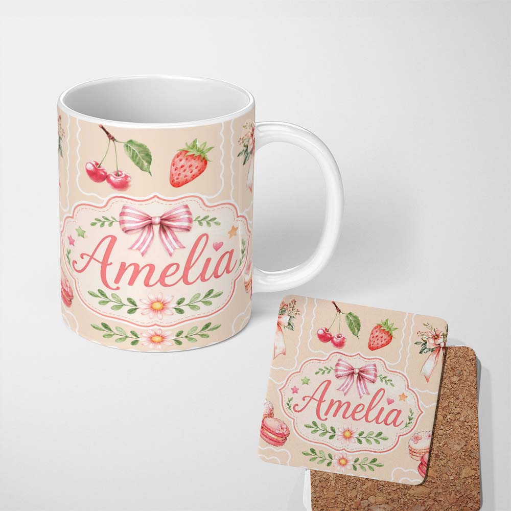 Personalized Custom Name Cute Strawberry Cherry Ribbon Bow Sweet Dessert Pastel Cream Lovely 11oz Ceramic Coffee Tea Mug White Large Handle